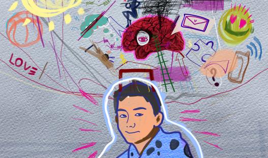 collage of a boy thinking, surrounded by sketches and images of ideas