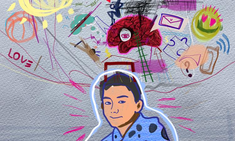 collage of a boy thinking, surrounded by sketches and images of ideas