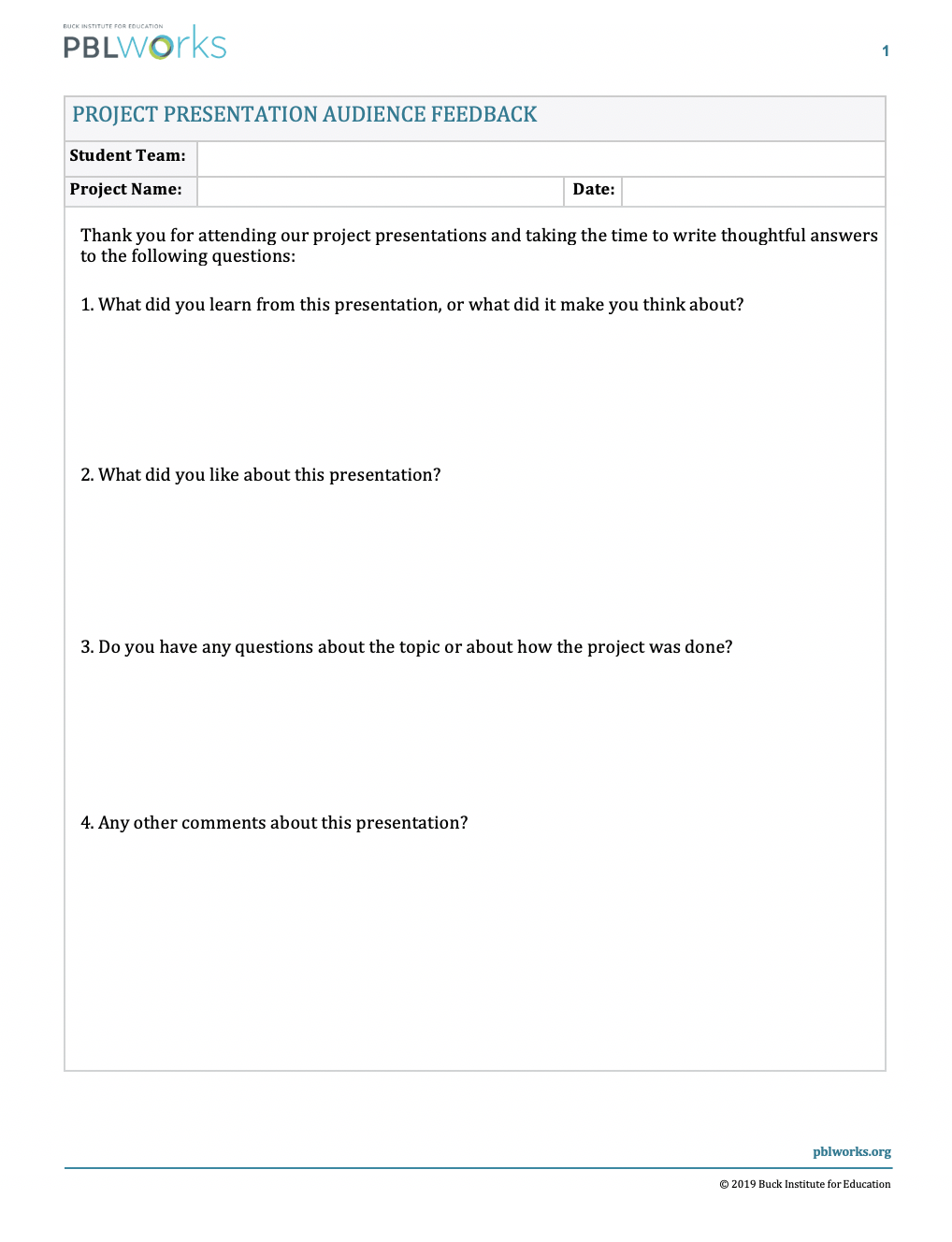 Project Presentation Audience Feedback Form