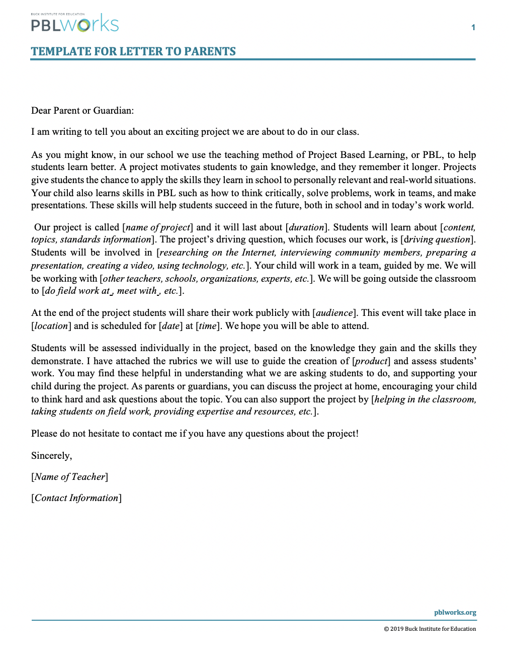Template for Letter to Parents  MyPBLWorks With Letter To Parents Template From Teachers