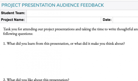 Thumbnail of this downloadable resource called Project Presentation Audience Feedback Form