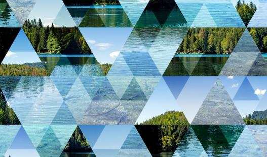An abstract, triangular mosaic background with glimpses of a forest lake.