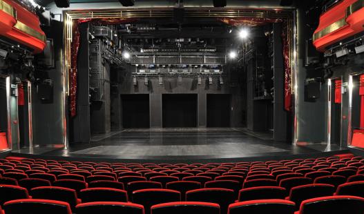 An empty, medium-sized theater with black and red seats as seen from the back row.