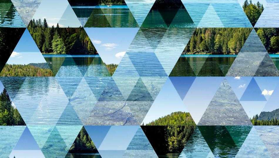 An abstract, triangular mosaic background with glimpses of a forest lake.
