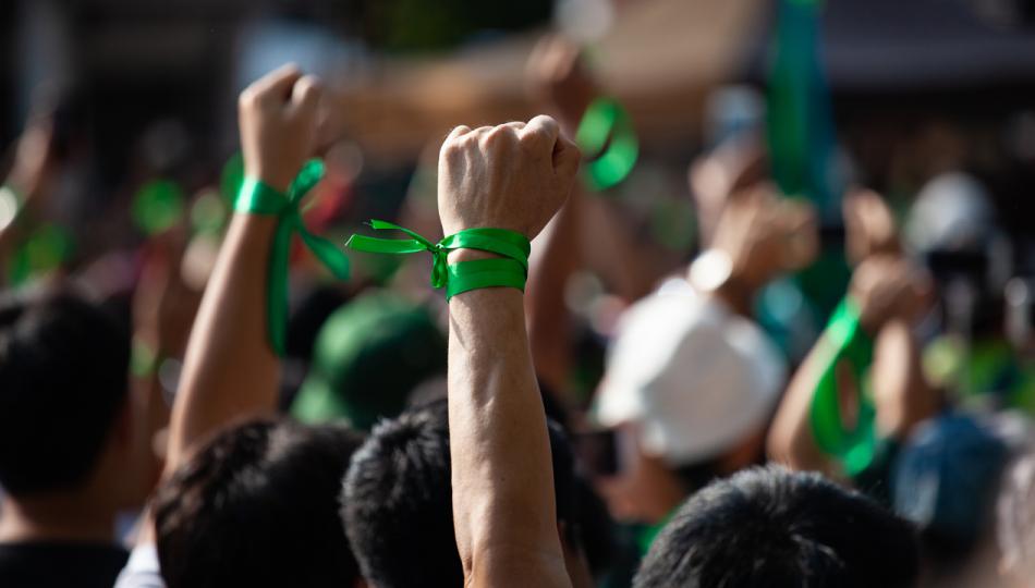 A crowd of protesters wearing green ribbons on their wrists raise their fists in the air.