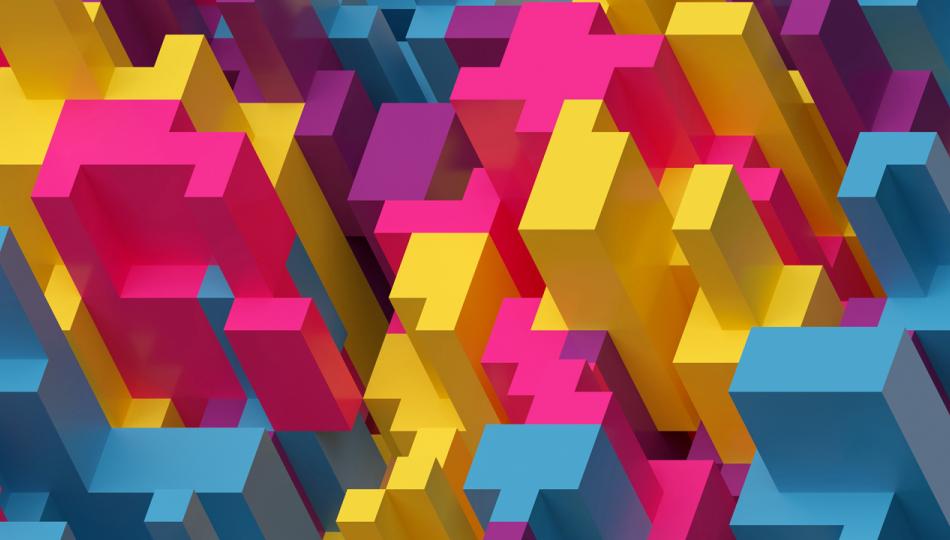 A colorful pink, yellow and blue digital illustration of building-like shapes as seen from above.
