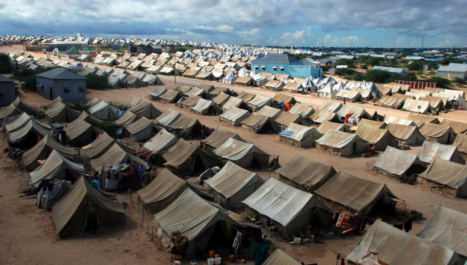 Rows of tents in a Somalian refugee camp as seen from above.