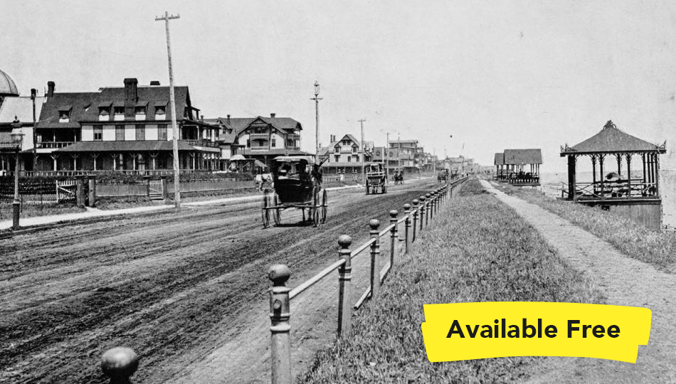 Antique black-and-white photograph of Ocean Avenue, Long Branch New Jersey, with two buggies going down a dirt road.