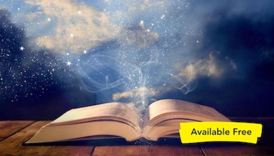 An old book lay open on a wooden table, set against a background of glittering stars
