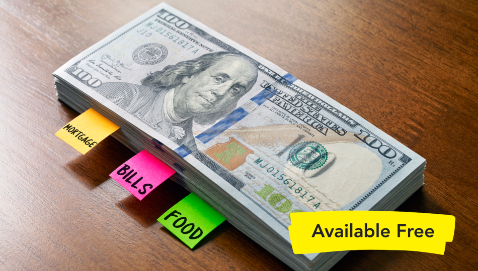 A stack of hundred dollar bills with labels reading "mortgage," "bills," and "food."