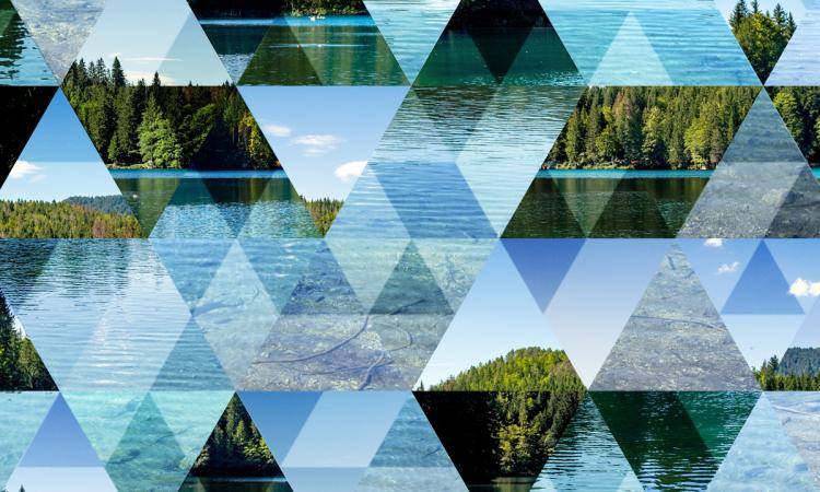 An abstract, triangular mosaic background with glimpses of a forest lake.