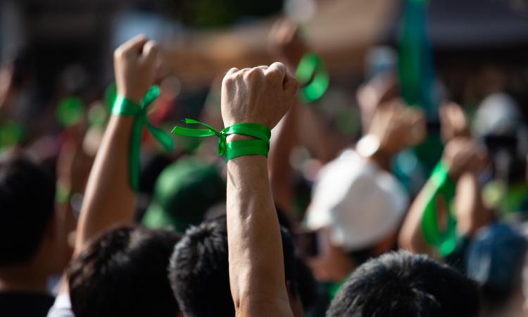 A crowd of protesters wearing green ribbons on their wrists raise their fists in the air.