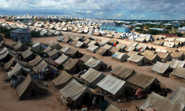 Rows of tents in a Somalian refugee camp as seen from above.