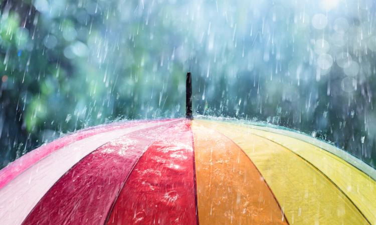 Rain falls on a rainbow-colored umbrella.