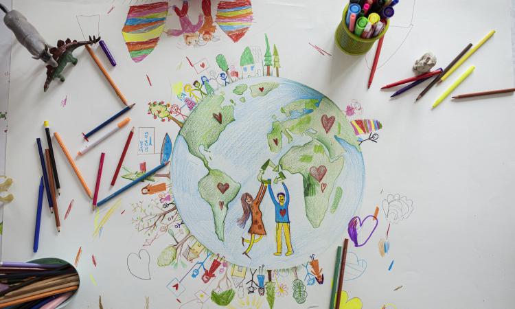 Image of child-like colored pencil drawing of the earth.