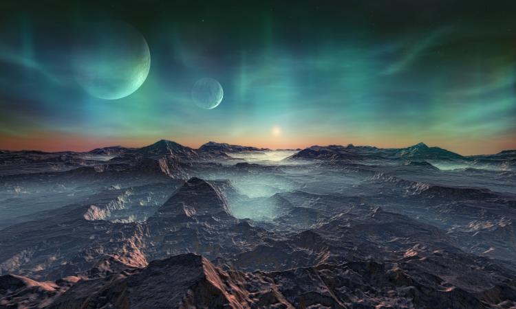 An abstract landscape with mountainous terrain and a sky that has several transparent moons