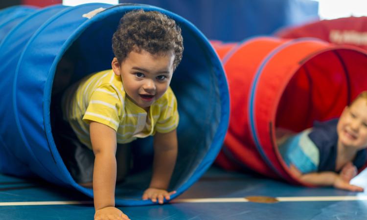 Children at play in red and blue tubes at recess. 